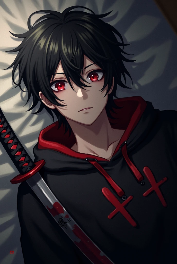 AN unconscious male character injured dying with red eyes black hair thrown to one side black sweatshirt with red details and a katana