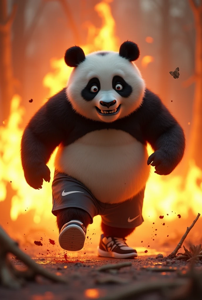 Create an animation of a panda dressed in Nike clothes and tennis shoes where he is in a humanoid position fleeing from the flames where he can be seen sad. , angry and bloody. And also that you can see a part of the skull of the head.