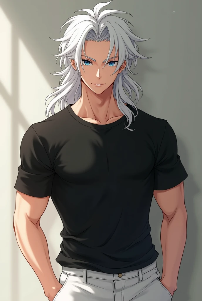 A man of intelligence and beauty with six eyes, white mash hair, and a black T-shirt、He was wearing white knickerbockers and was really handsome.、Gojo Satoru is about 2 and has a baby face and a very strong anime face.