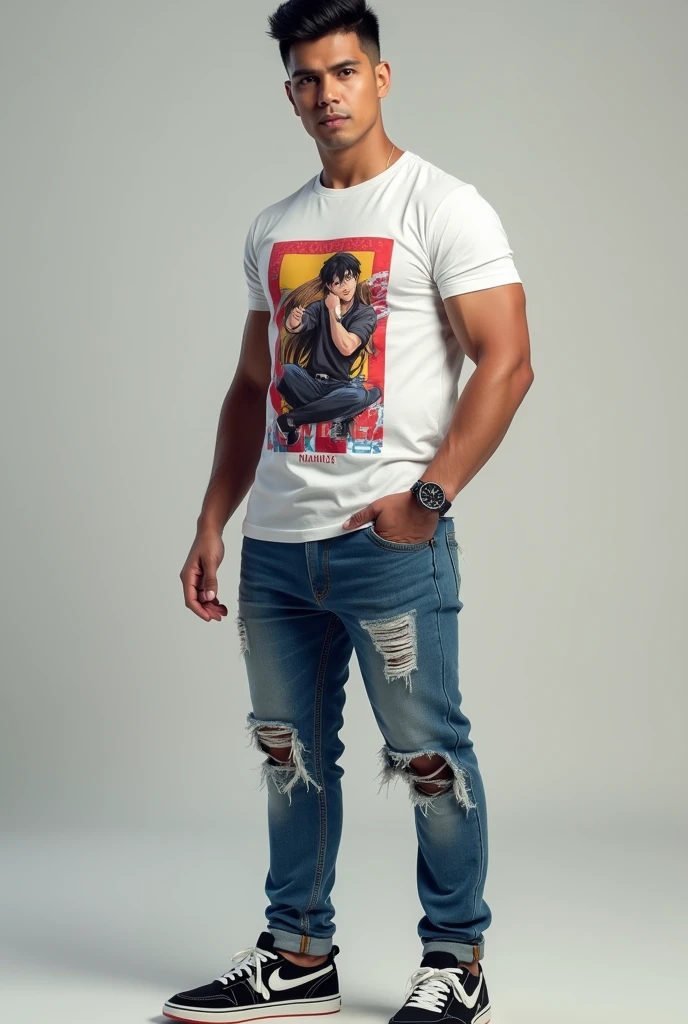 A handsome Indonesia man with a clean face,Very short black hair, the sides are faintly visible, there are clear line carvings.Wearing a white t-shirt with anime graphics, stylish ripped blue jeans,Wearing sports shoes , wearing a rolex watch,Athletic sixpack body, face facing straight at the camera, realistic hd 