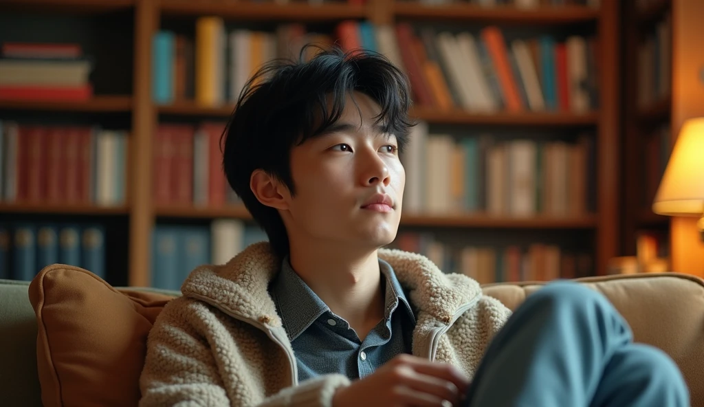 A Japanese male college student wearing fashionable clothes is relaxing on a blue chair with a calm expression, gazing into the distance,Excited, Photo of your face, In a cozy room with a bookshelf, with a natural look, With a slightly tired look, tilt your face a little, Diagonal orientation, Average face