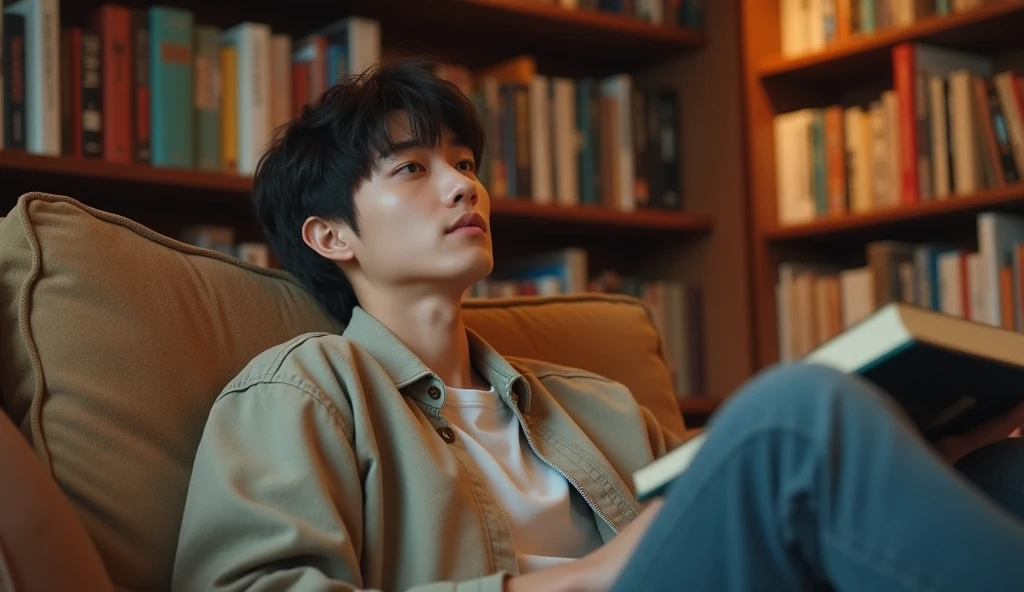 A Japanese male college student wearing fashionable clothes is relaxing on a blue chair with a calm expression, gazing into the distance,Excited, Photo of your face, In a cozy room with a bookshelf, with a natural look, With a slightly tired look, tilt your face a little, Diagonal orientation, Average face