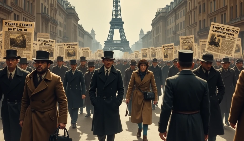 1912 Paris; Scared people walking around the city(masterpiece, best quality); newspapers with war news!