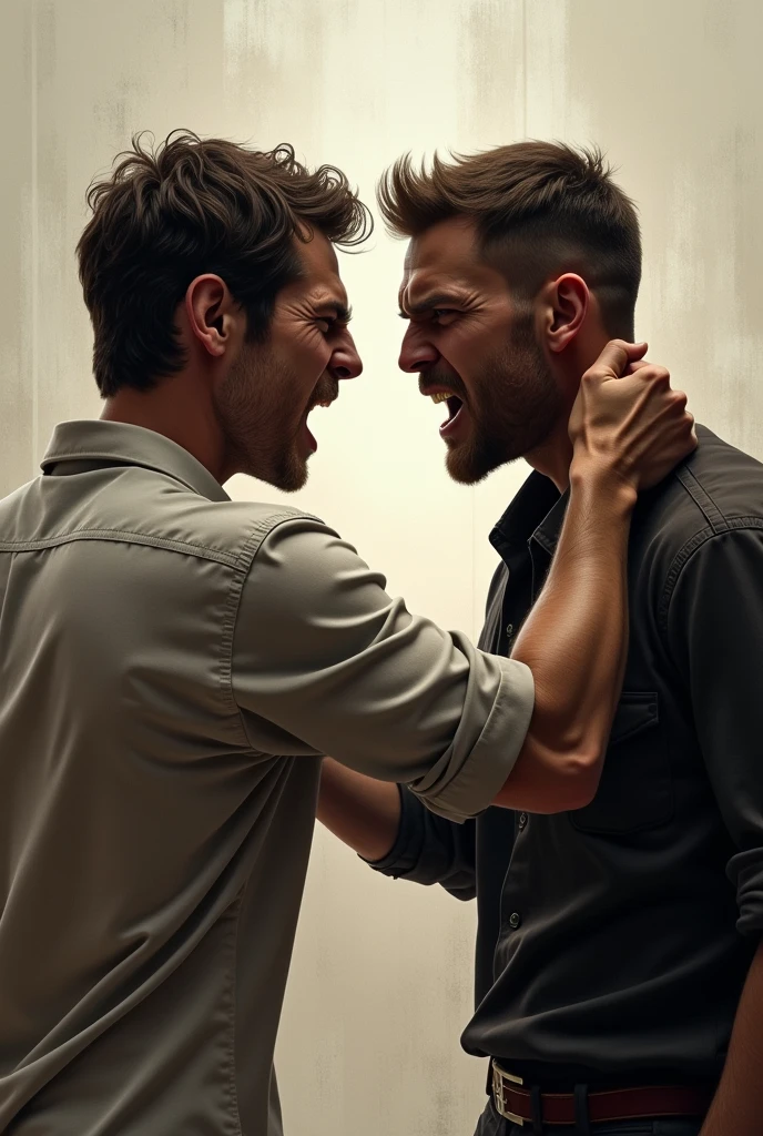 Give image of two people in a fighting scenario one person is holding the color of shirt of the other person while that person is showing punching reaction with his fist like he’s gonna punch his face