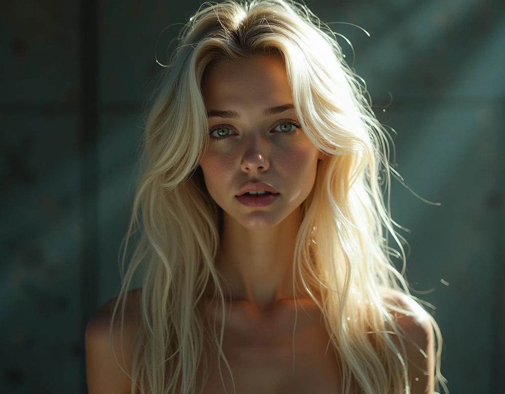 Cinematographic shot, centred, cinematrographic, intricately detailed, worked, meticulous, magnificent, maximum details, extremely hyperaesthetic, (((1girl, 独奏))), 18-years old, long hair, cabelo blond, Caucasian skin, cabelo blond, new, realisitic , neckleace, Raby, humida, sweat, very thin and long legs, the spectators can see the whole body, standingn, portrait of a , (muka:1.2), side-lighting, (beautiful finely detailed eyes: 1.2), master part, standing model pose, don, Detailed texture skin, detailed cloth texture, beautiful and detailed face, master part, best quality, ultra detaild, HiqcgCorpo, Lustrous Skin, abs, NSFW:1.2, (ulzzang-6500-v1.1:0.8), top-quality, Work before, ultra high def, (Foto realisitic: 1.4), Foto RAW, ((16+,A girl is naked ), (crotch exposed:1.5), (mid chest: 1.5), (medium butt: 1.5), shining skin, Eyes seductive, fully body, whitish hair. (hiperrealisitic), (illustration), (high resolution), (8k), (extremely detaild), (best illustration), (beautiful eyes detailedbest quality), (super verbose), (work of art), (wall-paper), (muka detalhado), standing alone, 1 girl, blond, heterochromic eyes, new , (crotch exposed), Legs long, tight abdomen, no chest leak, (((flat-chested))), (camel toe), (see through), cyberpunk background , standing