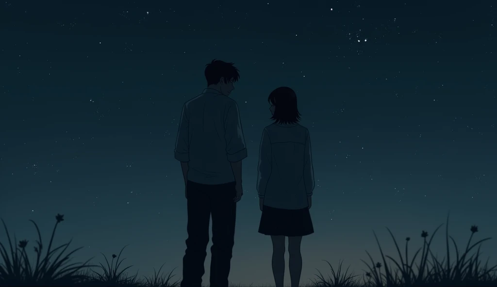 A boy age 32 years name John not looking face in the background dark sky many stars John standing alone sad A girl is also standing with him