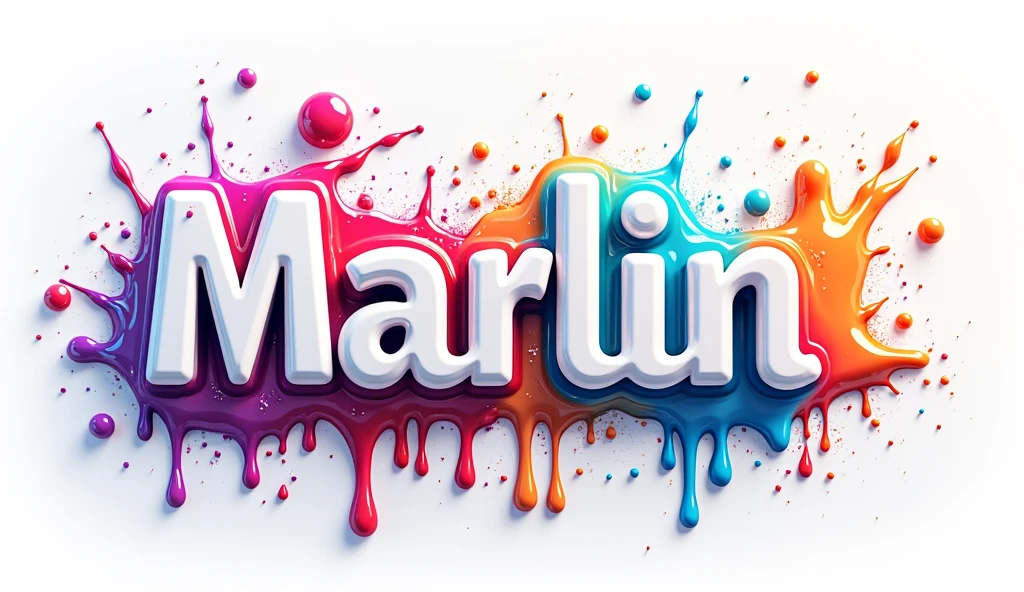 A mesmerizing 4D name "Marlin Prambanan" in a captivating, dripping, and glossy melting style. The bright, bold white letters are illuminated with vivid hues, emitting a whimsical, fun movement. Abstract shapes, splashes, and drops in various bright colors contribute to the dynamic atmosphere. The pristine white background contrasts with the bold, striking colors of the text and its surroundings, highlighting the artist's exceptional skills in 3D rendering and illustration. The artist's innovative fusion of typography, 3D rendering, and illustration results in an awe-inspiring piece that is visually stunning, transcending the boundaries of painting, 3D rendering, and vibrant typography., typography, vibrant, 3d render