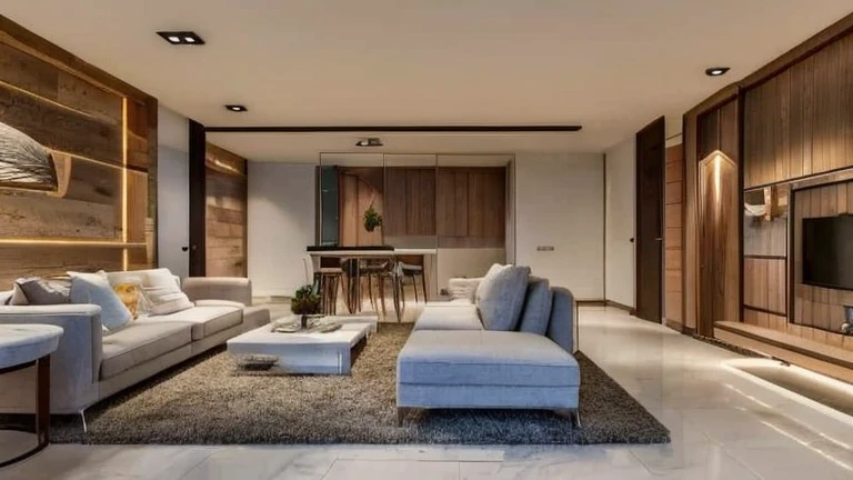 Living room,Soft lighting,Wooden furniture,marble wall,