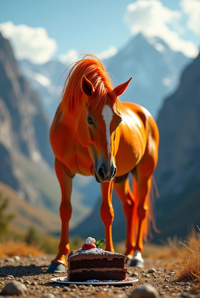 An orange horse eating chocolate cake in the middle of the mountains