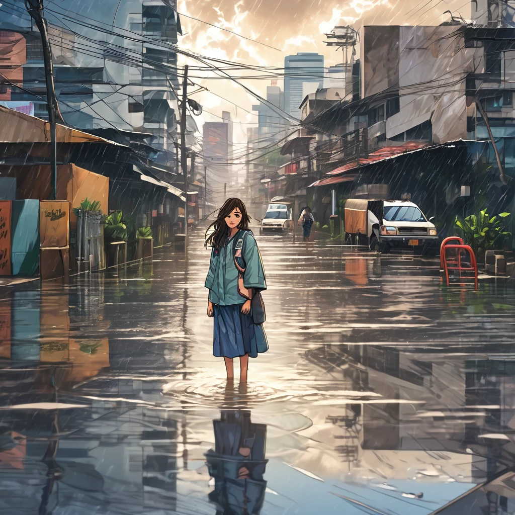 Distant view of a beautiful Filipino woman standing on a flooded city street in Manila, Philippines, stormy cloudy sky, heavy rain, puddles on the ground, reflections in the water, cityscape of buildings in the background, wet clothes, hair fluttering in the wind, determined expression on her face, anime genre