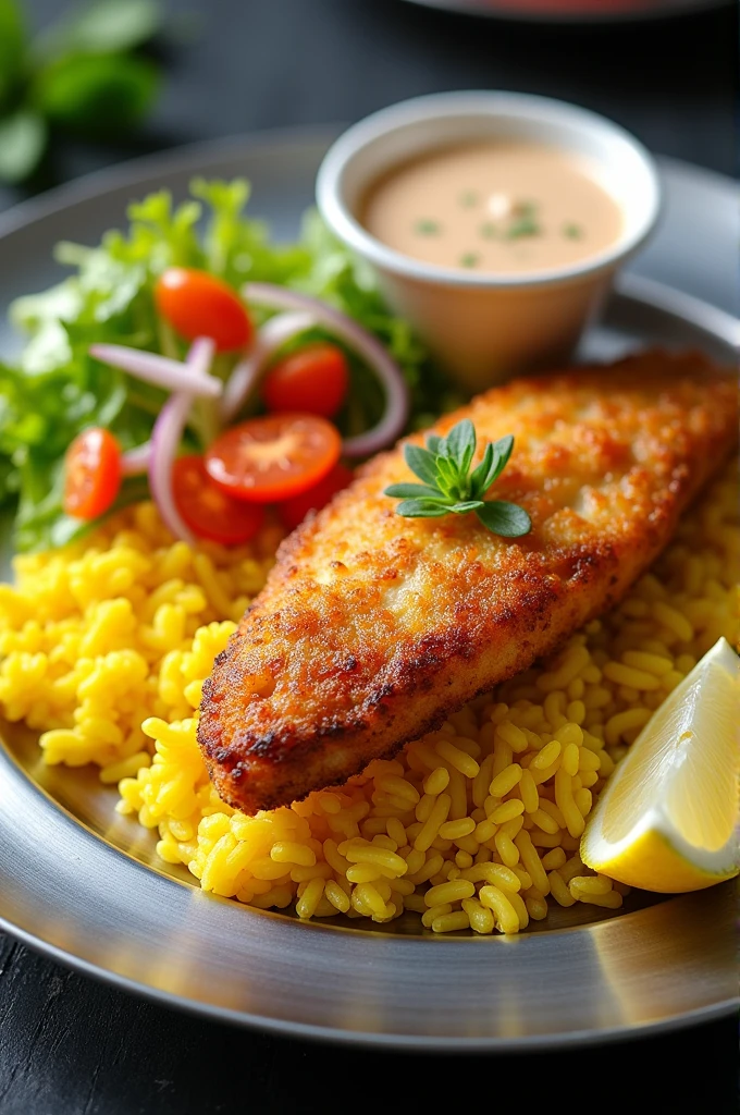 Fry fish with yellow rice and salad and white chili sauce and slice of lemon on aluminum plat