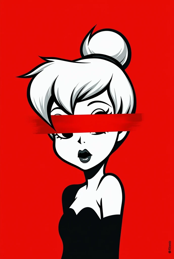 A stylized Art vectoriel portrait of Tinkerbell with a black and white face, partiellement obscurci par une bande rouge audacieuse sur ses yeux et sa bouche. L'arrière-plan est rouge uni. La figure semble solennelle, Art vectoriel, symmetrical