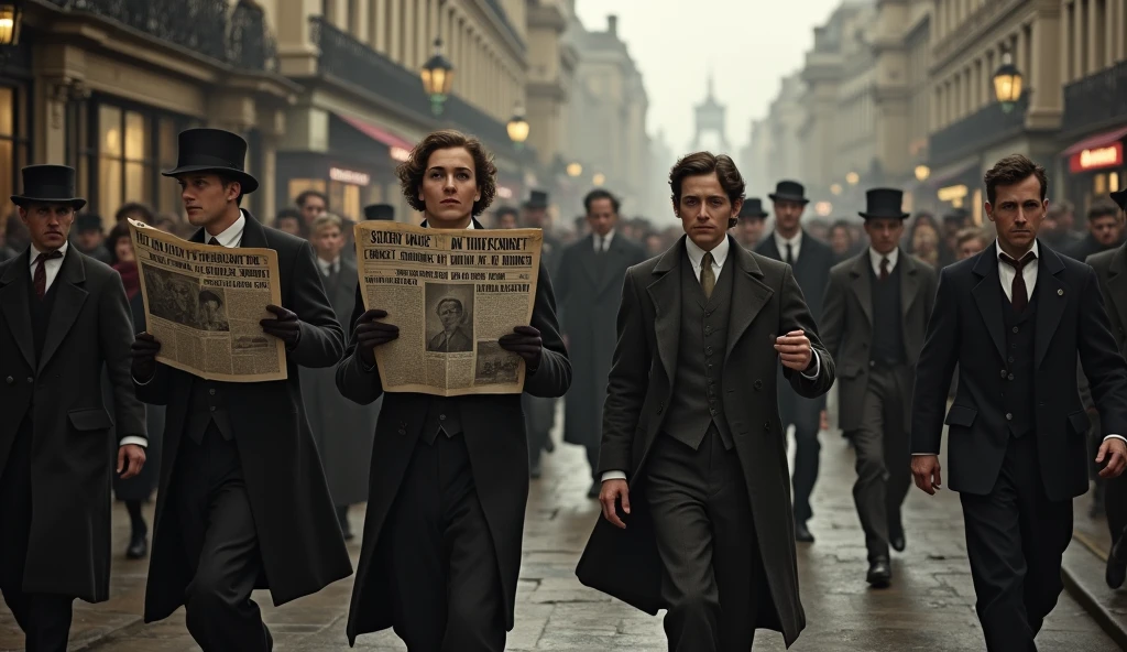 1912 London; Scared people walking around the city(masterpiece, best quality); newspapers with war news!
