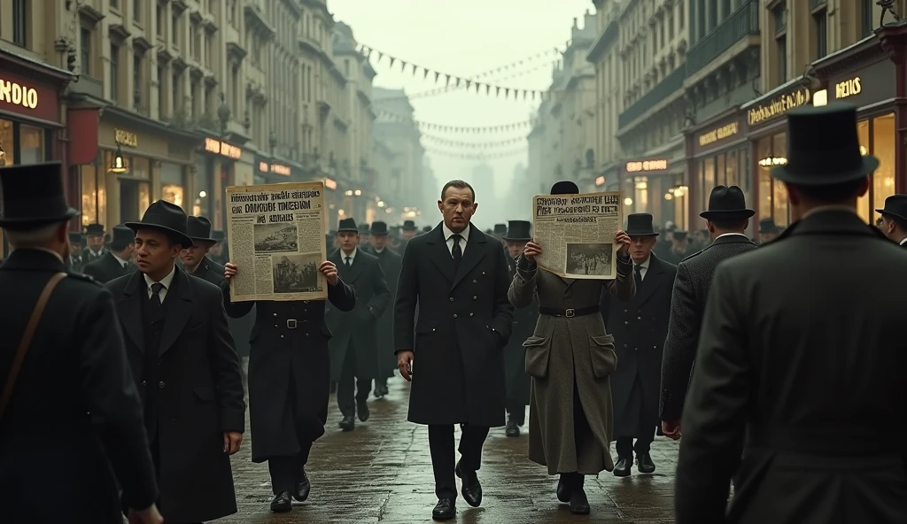 1912 London; Scared people walking around the city(masterpiece, best quality); newspapers with war news!