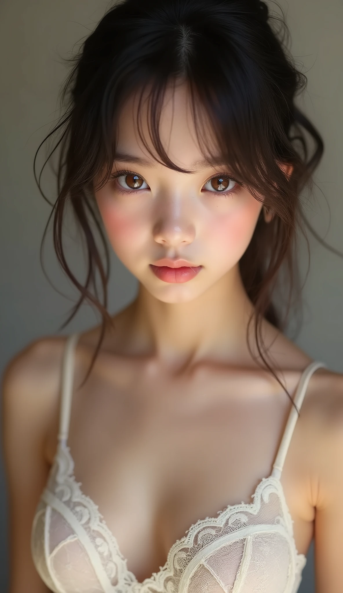 raw photo, 1young girl, kawaii, brown eyes, unique, individual, distinctive face, extremely detailed eye and face, fair skin, lace cute bra, beautiful breasts, upper body, Best Quality, highly detailed, High-definition raw color photos, professional photograpy, Realistic portrait, 