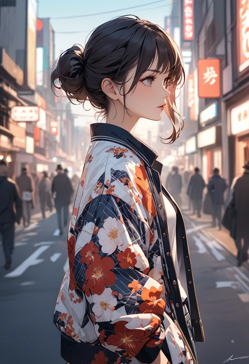 (masterpiece:1.5),(Beat quality),(high res),1girl solo,upper body,A young lady with a yankee look walking around town wearing a Sukajan jacket
