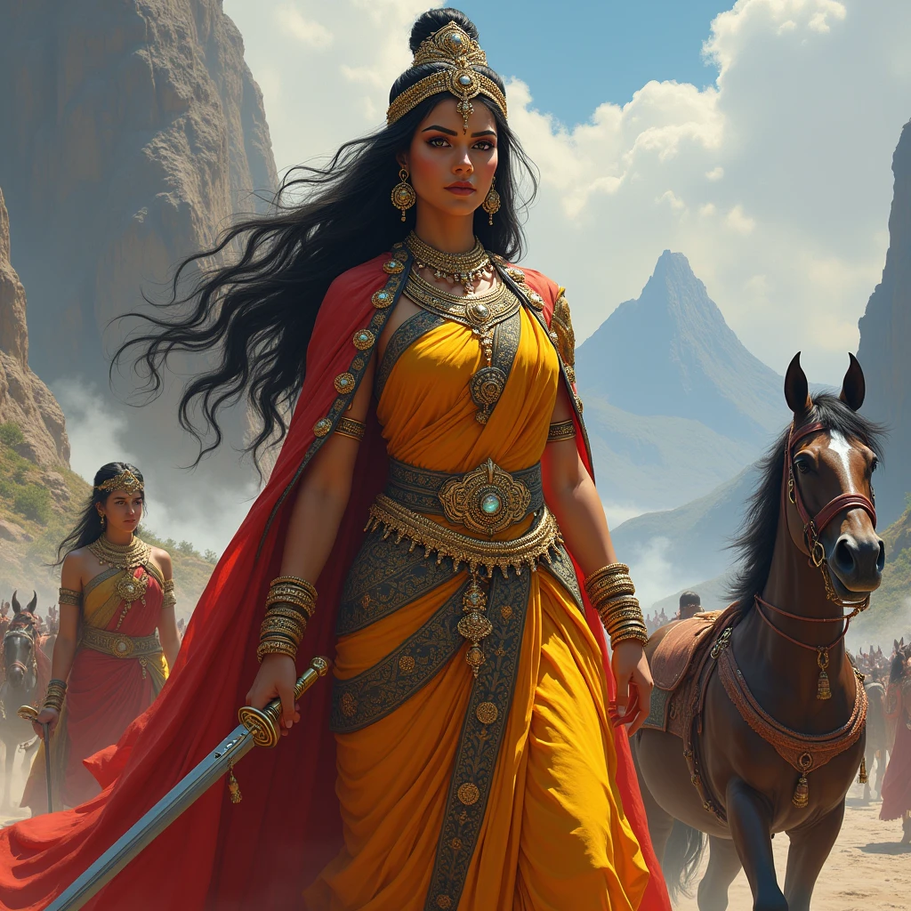 A South Indian queen, who is Hindu, is holding a sword in one hand and a horse in the other, with mountains and battlefields in the background and also the queen's maid.