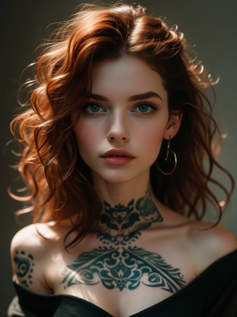 muito detalhado, 16K high resolution, incredibly detailed image, filmic, best quality, ​masterpiece, realisti, detailed face, detail-ful background, dramatic lighing, Girl, 25 years, alone, beautiful natural ginger red hair, Fell, straggly and messy wavy hair. Extremely detailed facial expressions with sharp and piercing green eyes. A delicate, slightly cheeky face, discreetly made up. ((She is tattooed and pierced.)), She has (Very small breasts) and a slim figure, in good shape. She wears a summery outfit in boho style and ankle-high black boots. She is at Safari in Africa an in the Background are some lyons.