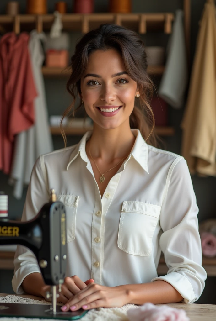 A beautiful seamstress entrepreneur woman in her sewing studio wearing a white blouse and a charming smile