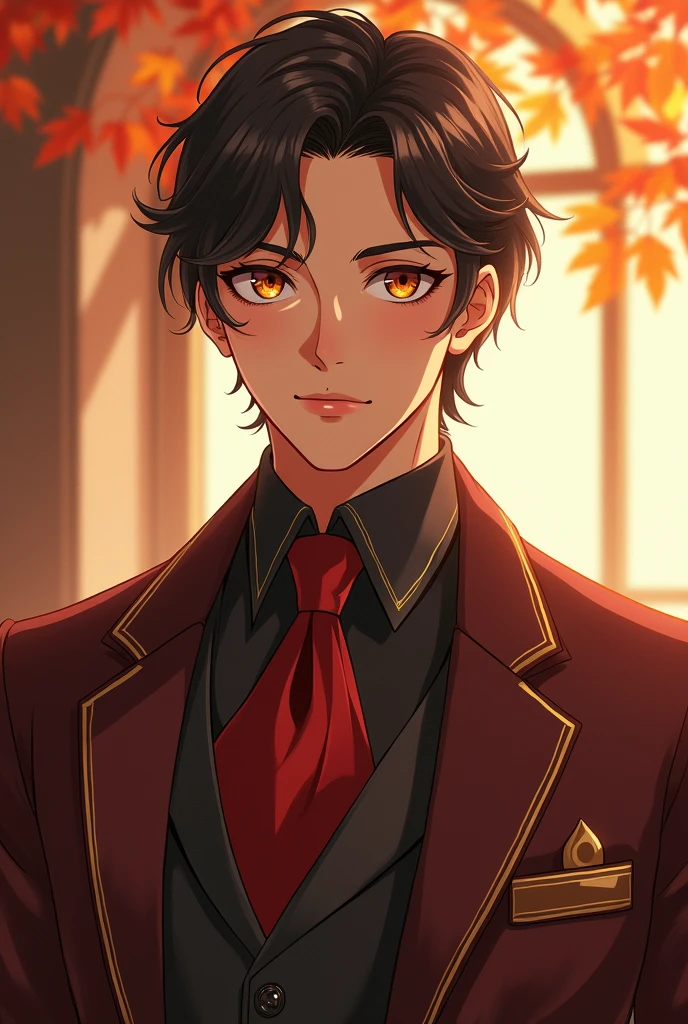 Generate an image of guy dressing classy in autumn season palette of person associated with soft autumn in context of color analysis theory, amber eyes , plump lips and golden brown Skintone and deepest shade of brown blackish hair male character in Neo-Rococo Anime Art