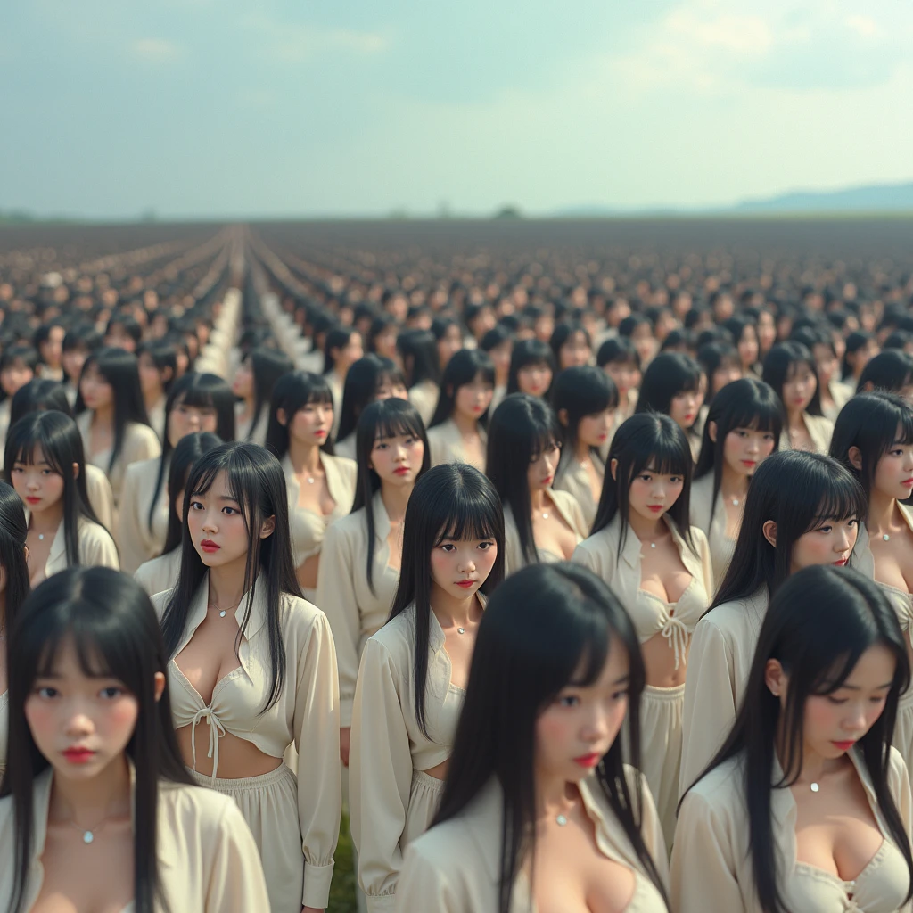 (((((Japanese Clone girls=Myself)))))), (((Best Super High quality Myself Clone girls Raw Photography Art))), (16K, Highest quality, Ultra-high resolution, RAW Photos), (((It's so unrealistic., With unparalleled depiction, With an unfathomable sight, An unprecedented and shocking worldview, Clone girls in a world of mass reproduction, Ultra-realistic))), (((Japanese, woman, 18yo, hashimoto-kanna))), (Small face, ((Thick black hair, Semi-long hair))), ((V-neck short-sleeve dress)), (((((Very detailed美しい女体, Accurate body structure, Very detailed完璧な, Super busty body with very large breasts, Clearly emphasizes cleavage))))), (((Dark Eyes, Mature face, Cute Smile, A gentle gaze))), (((Her happy and smiling expression is so cute))), ((((((((Very detailed分身増殖描写, ((1girl→Myself cloning→1,000,000,000,000,000,000,000,000,000,000,000,000,000,000,000,000,000,000,000,000Myself Clone girls)))))))))), ((((((((Very detailed, The precise depiction of the proliferation of Myself Clone girls, ((With the perfectly identical bodies of Myself clone girls, With the exact same face as the Myself clone girls, With the exact same hairstyle as the Myself clone girls, In the exact same clothes as the girls who are my clones, Perfectly the same height as the Myself clone girls, Super big breasts, just like the Myself clone girls)))))))))), (((Myself clone girls only))), (((Multiple pairs, Very detailed depiction, (Myself clone girls hug each other, Myself clone girls assemble, Fun conversations with fellow Myself clone girls, A fun conversation between Myself clone girls, Myself clone girls holding hands, Walking with lots of Myself clone girls)))), (((Everyone looks at the camera))), (((Unbelievably crowded, Transcendent Myself clone girls intimately, Countless Myself clone girls surround you in 360 degrees))), (Bright, soft sunlight), (((Very wide field of view, Very detailed, Detailed ultra-perspective depiction with clear depth, wide view))), (((((Landscape with a curved slope))))), (((Very photographic and detailed depiction, Myself clone girls will multiply infinitely and fill the surroundings from one side to the horizon with their bodies tightly packed together without any gaps., A scene of endless Myself clone girls and a fun atmosphere))), (Focus on the average value of the image)