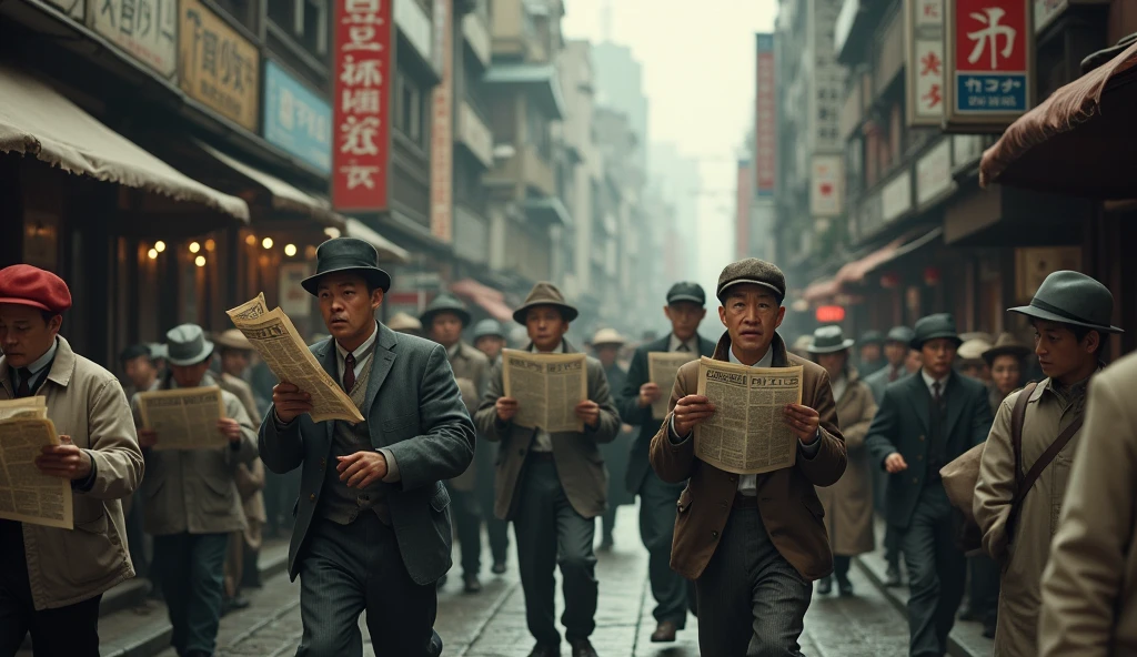 1912 Tokyo; Scared people walking around the city(masterpiece, best quality); newspapers with war news!