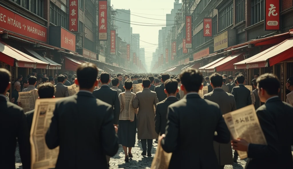 1912 Tokyo; Scared people walking around the city(masterpiece, best quality); newspapers with war news!