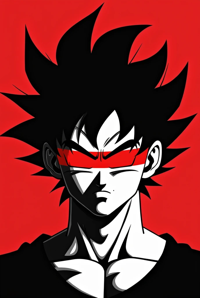 A stylized Art vectoriel portrait of a Goku with a black and white face, partiellement obscurci par une bande rouge audacieuse sur ses yeux et sa bouche. L'arrière-plan est rouge uni. La figure semble solennelle, Art vectoriel, symmetrical