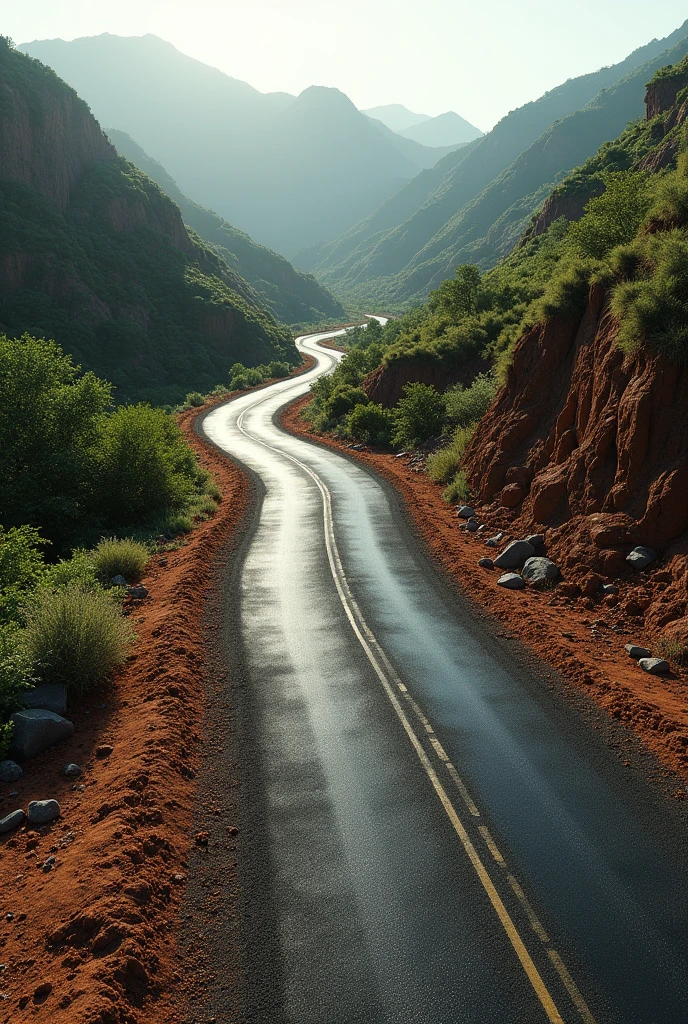 Tar road bend with soil on the road
