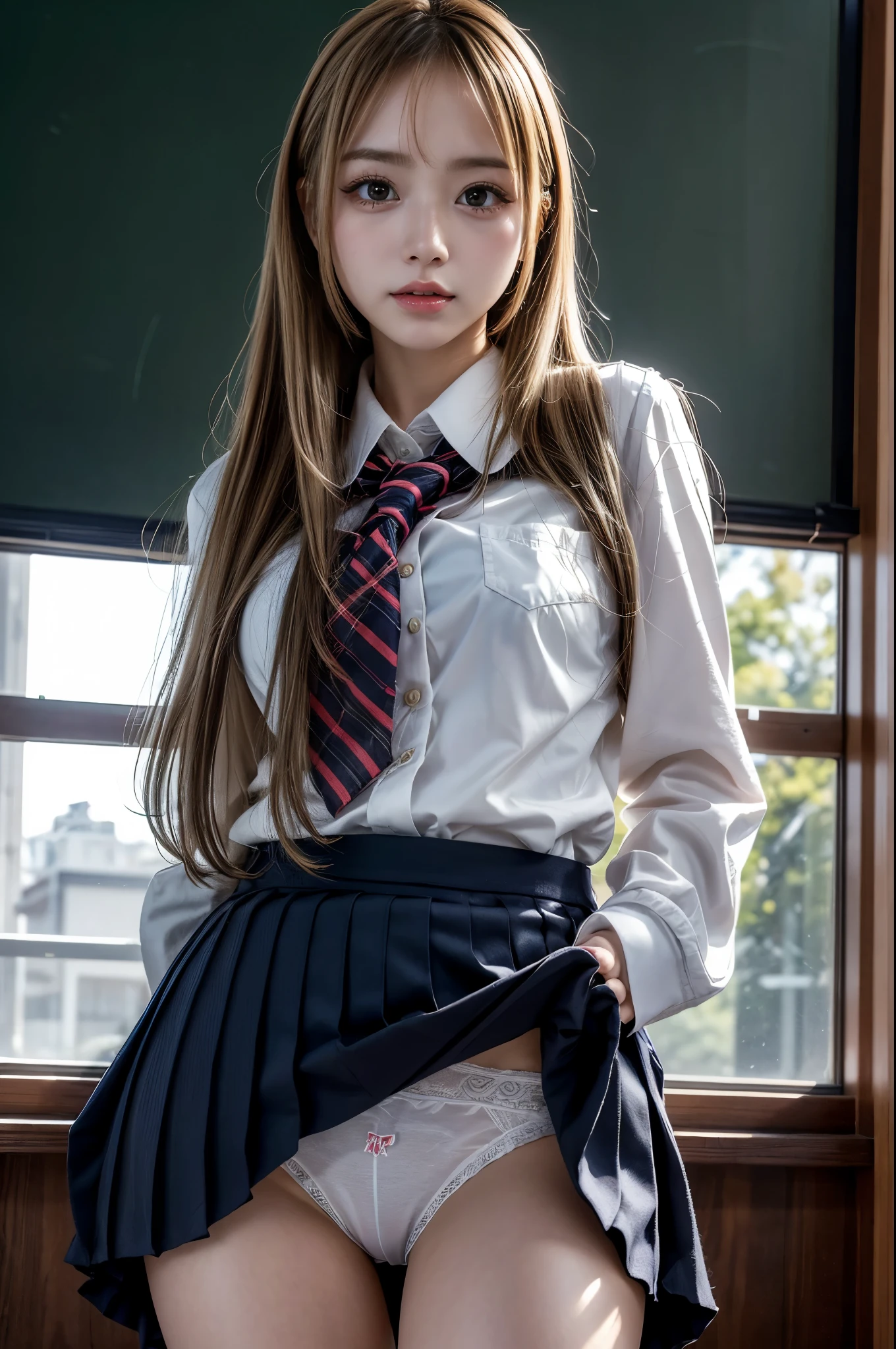 (Realistic:1.4), Highest quality, masterpiece, RAW32K Photo, (Very detailed美しい日本の), (Very fine particles:1.2), (),(Cute Face:1.2), Very detailed, Ultra-high resolution, wonderful, break,
(school uniform:1.5), Detailed school girl, (Bright classroom 1.3、Moody light), Beautiful detailed, blonde、Cute Face, mini skirt,(thigh)、(She lifted her skirt to reveal her white panties.)、((Long Hair))