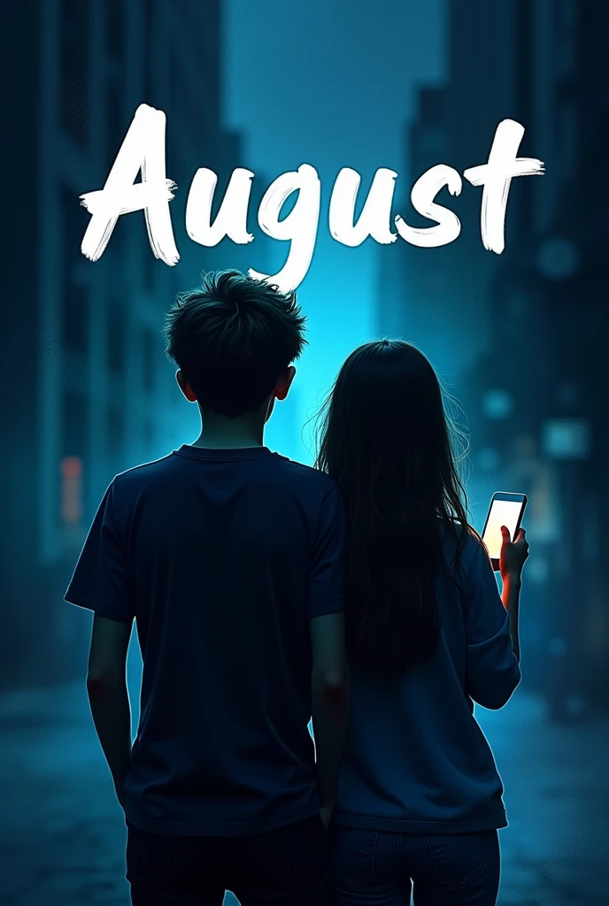 A book cover of a mixture of black and blue with a title AUGUST and the back of a boy and a girl aged 16 with their phone