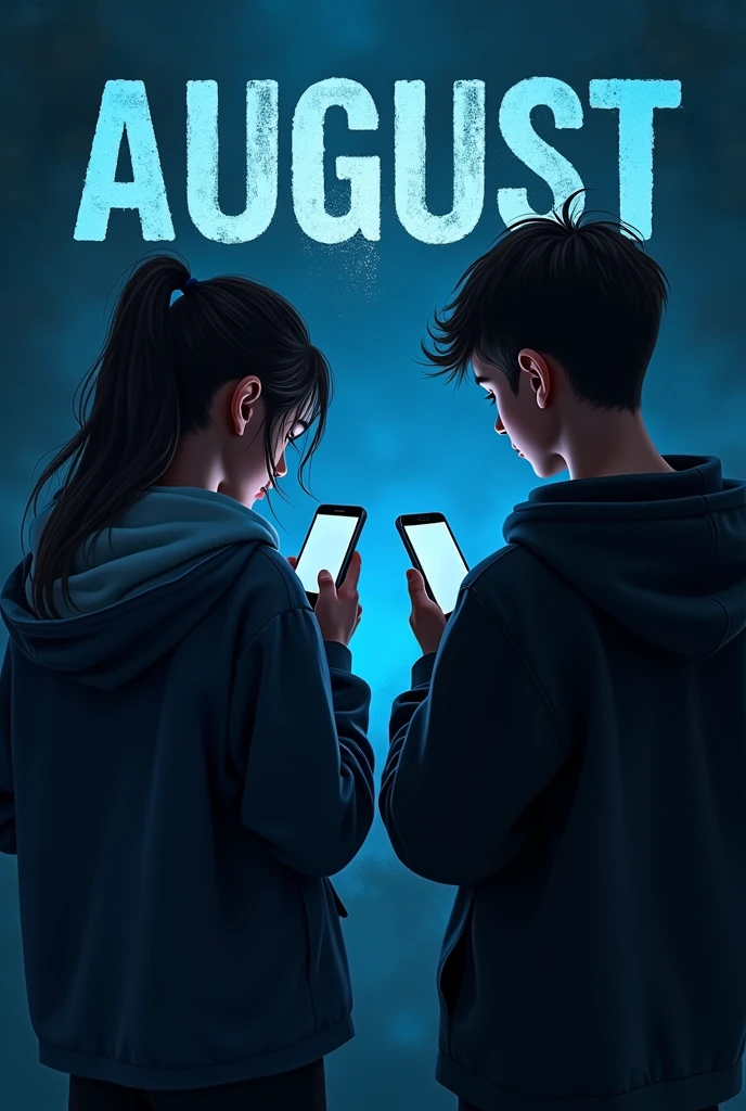 A book cover of a mixture of black and blue with a title AUGUST and the back of a boy and a girl aged 16 with their phone