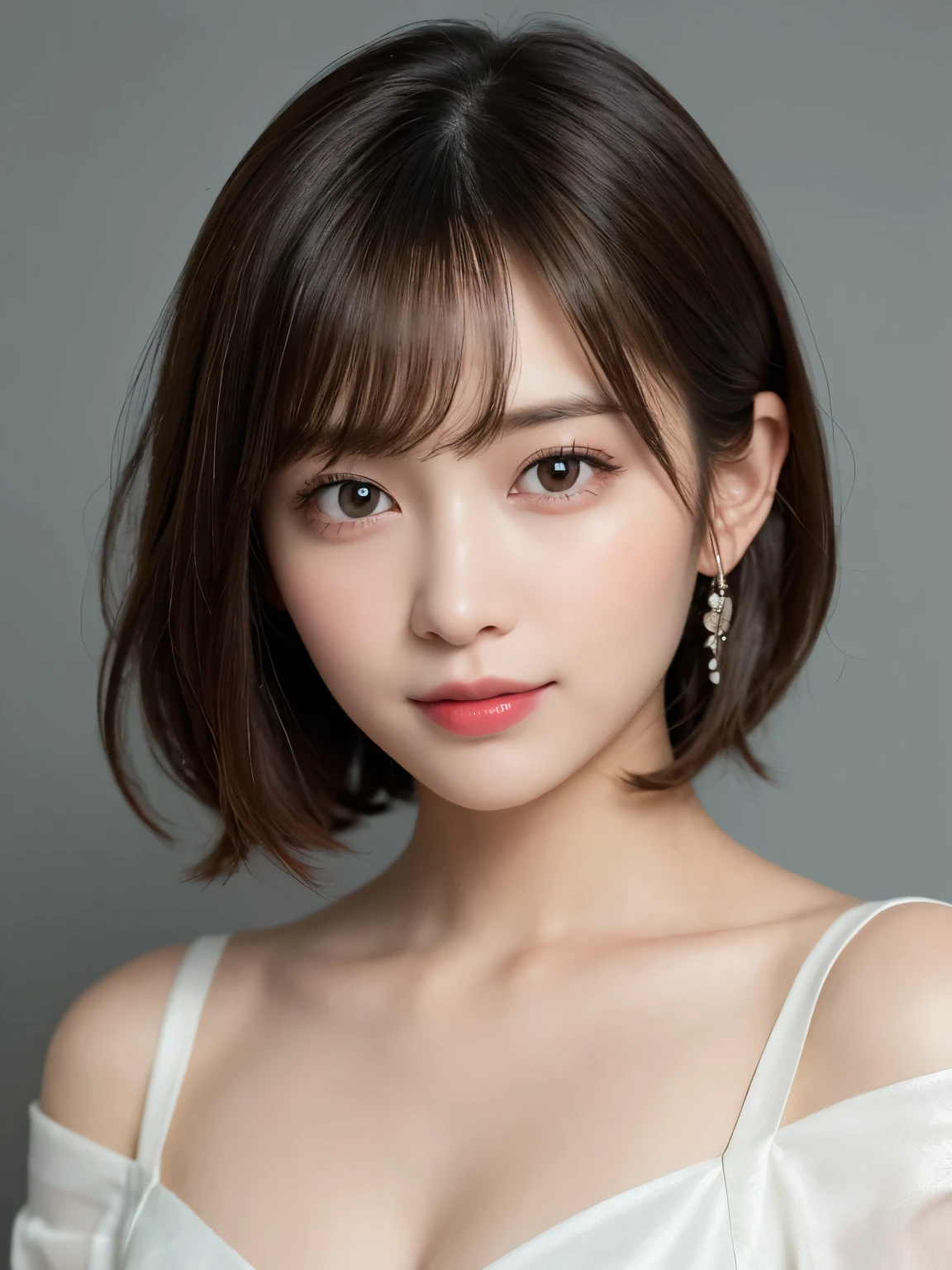 silver background, full body portrait, looks very happy, smile, one girl, (a beauty girl, delicate girl:1.3), (20 years old:1.3),  (off white off shoulder dress), very fine eyes, (symmetrical eyes:1.3), C cup breasts, brown eyes, parted bangs, short hair, (eyes and faces with detailed:1.0),  (masterpiece, best quality, ultra detailed, detailed face, 8k)
