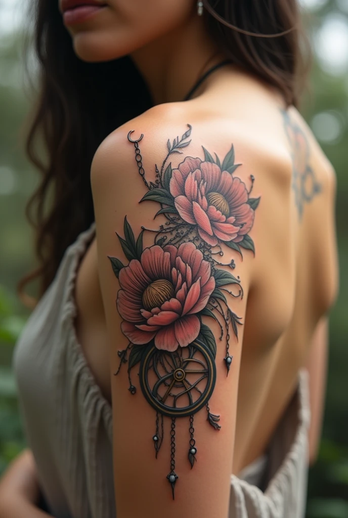 Tatouage pivoines signes astrologiques verseau e t taureau chaines