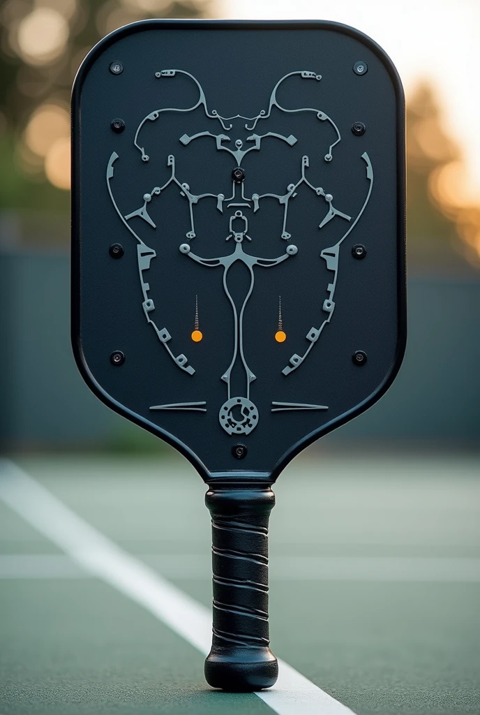 Design a pickleball paddle suited for players aged 30-50, focusing on durability and precision. The paddle should have a robust and resilient build, with a sleek, professional appearance. Use high-quality materials like carbon fiber or composite for strength and longevity. Incorporate a refined design with an ergonomic handle that ensures a comfortable grip and optimal control. The paddle face should feature advanced texture and pattern for enhanced accuracy and performance. Opt for a color palette that includes classic, muted tones with subtle, high-tech accents to reflect its premium and reliable nature