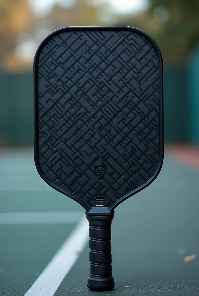 Design a pickleball paddle suited for players aged 30-50, focusing on durability and precision. The paddle should have a robust and resilient build, with a sleek, professional appearance. Use high-quality materials like carbon fiber or composite for strength and longevity. Incorporate a refined design with an ergonomic handle that ensures a comfortable grip and optimal control. The paddle face should feature advanced texture and pattern for enhanced accuracy and performance. Opt for a color palette that includes classic, muted tones with subtle, high-tech accents to reflect its premium and reliable nature