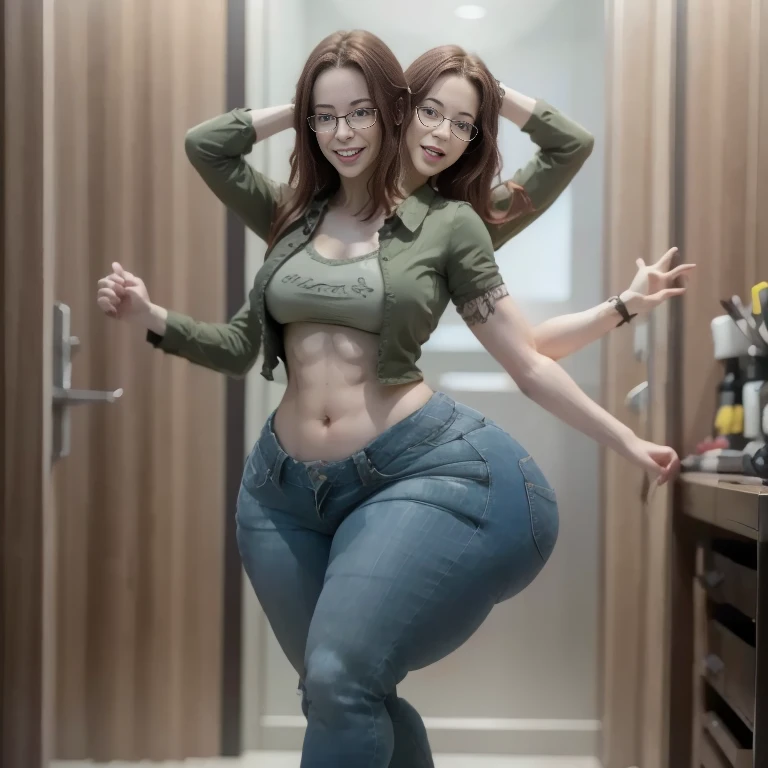 Masterpiece, best quality, 1girl, solo, 23 years old, adult, bright red hair, messy hair, asymmetrical hair, ahoge, long hair, aqua eyes, huge round breasts, toned, 167cm, pale skin, glasses, grin, olive green shirt, jeans, midriff peek, (five heads one body)full body shot,cute feet(extra limbs)( extra arms)many muscular arms