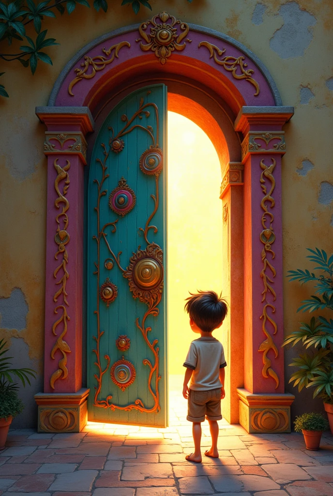 young boy standing in front of a colorful door, looking curiously at the intricate design and vibrant colors. The sunlight streaming through the door creates a warm glow around him, highlighting his features and casting interesting shadows on the ground. The boy's expression conveys a sense of wonder and adventure as he contemplates what lies beyond the door