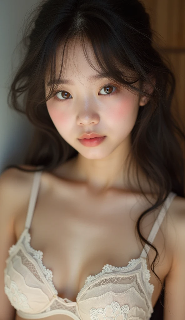 raw photo, 1ung girl, kawaii, brown eyes, unique, individual, distinctive face, extremely detailed eye and face, fair skin, lace cute bra, beautiful breasts, upper body, Best Quality, highly detailed, High-definition raw color photos, professional photograpy, Realistic portrait, 