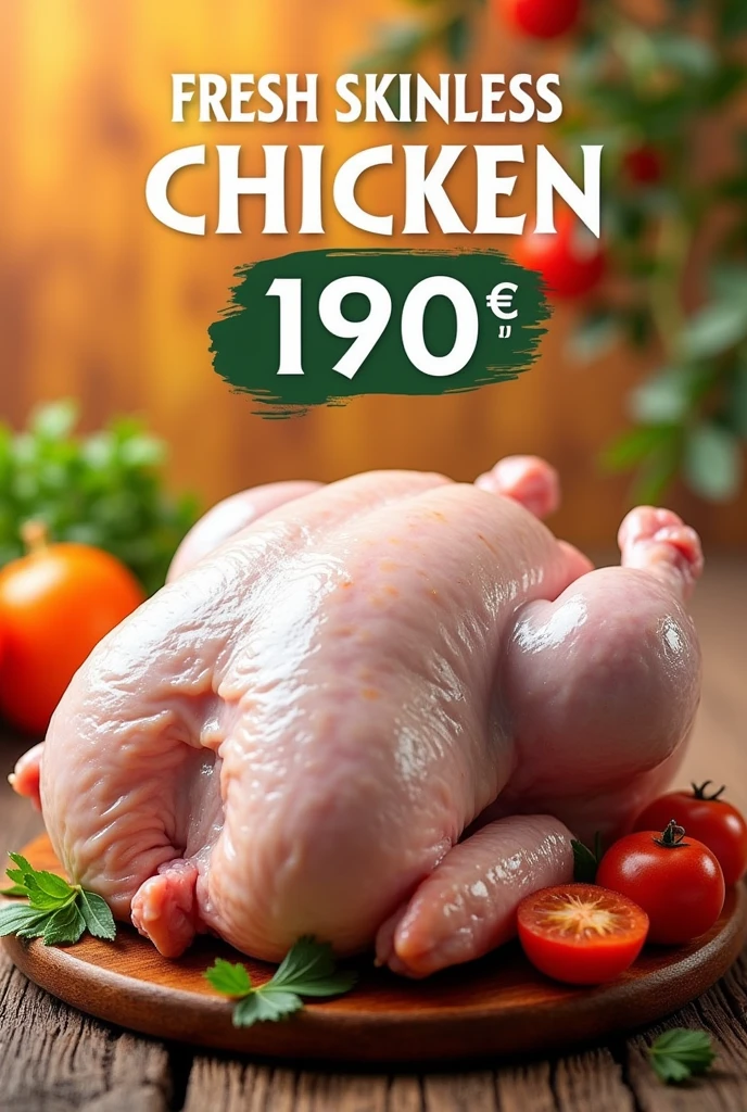 Create a poster with attractive background image Main title Fresh skinless chicken 190/- rupiya kilo and add the image of fresh chicken