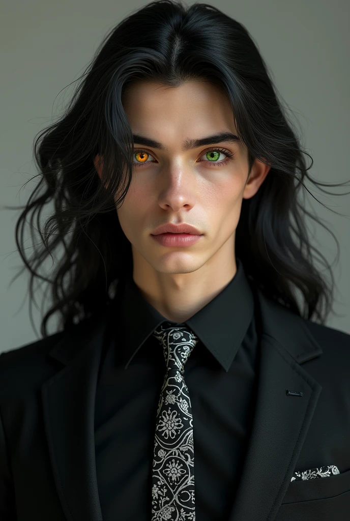 Garçon blanc avec une chemise noire et une cravate noire avec des motifs dessus blanc, avec de très longs cheveux un regard noir avec un œil vert