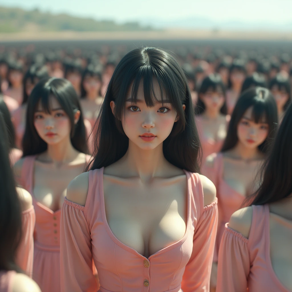 (((((Japanese Clone girls=Myself)))))), (((Best Super High quality Myself Clone girls Raw Photography Art))), (16K, Highest quality, Ultra-high resolution, RAW Photos), (((It's so unrealistic., With unparalleled depiction, With an unfathomable sight, An unprecedented and shocking worldview, Clone girls in a world of mass reproduction, Ultra-realistic))), (((Japanese, woman, 18yo, hashimoto-kanna))), (Small face, ((Thick black hair, Semi-long hair))), ((V-neck short-sleeve dress)), (((((Very detailed美しい女体, Accurate body structure, Very detailed完璧な, Super busty body with very large breasts, Clearly emphasizes cleavage))))), (((Dark Eyes, Mature face, Cute Smile, A gentle gaze))), (((Her happy and smiling expression is so cute))), ((((((((Very detailed分身増殖描写, ((1girl→Myself cloning→1,000,000,000,000,000,000,000,000,000,000,000,000,000,000,000,000,000,000,000,000Myself Clone girls)))))))))), ((((((((Very detailed, The precise depiction of the proliferation of Myself Clone girls, ((With the perfectly identical bodies of Myself clone girls, With the exact same face as the Myself clone girls, With the exact same hairstyle as the Myself clone girls, In the exact same clothes as the girls who are my clones, Perfectly the same height as the Myself clone girls, Super big breasts, just like the Myself clone girls)))))))))), (((Myself clone girls only))), (((Multiple pairs, Very detailed depiction, (Myself clone girls hug each other, Myself clone girls assemble, Fun conversations with fellow Myself clone girls, A fun conversation between Myself clone girls, Myself clone girls holding hands, Walking with lots of Myself clone girls)))), (((Everyone looks at the camera))), (((Unbelievably crowded, Transcendent Myself clone girls intimately, Countless Myself clone girls surround you in 360 degrees))), (Bright, soft sunlight), (((Very wide field of view, Very detailed, Detailed ultra-perspective depiction with clear depth, wide view))), (((((Landscape with a curved slope))))), (((Very photographic and detailed depiction, Myself clone girls will multiply infinitely and fill the surroundings from one side to the horizon with their bodies tightly packed together without any gaps., A scene of endless Myself clone girls and a fun atmosphere))), (Focus on the average value of the image)