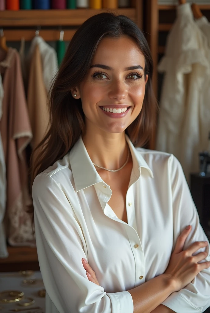 A beautiful seamstress entrepreneur woman in her sewing studio wearing a white blouse and a charming smile