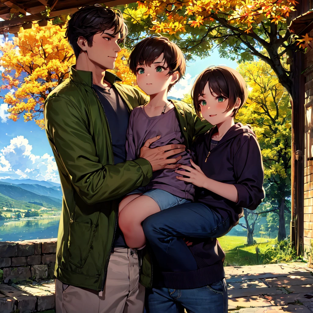 1girl, 1male, 1boy, brown hair, green eyes, , colorful, autumn, cumulonimbus clouds, Father wearning (outfit_male), mother wearning (outfit_female) Mature_man_with_mature_women_with_man_???,(father_and_son)(mother_and_son)(father_and_mother)(father_with_mother_and_son), (Happy_family_of_three) detail, ultra-detail, correct_position, correct_texture, correct_colors, correct_shading, correct_cgi, correct_body, correct_anatomy, correct_proportion, (correct_complete_body)