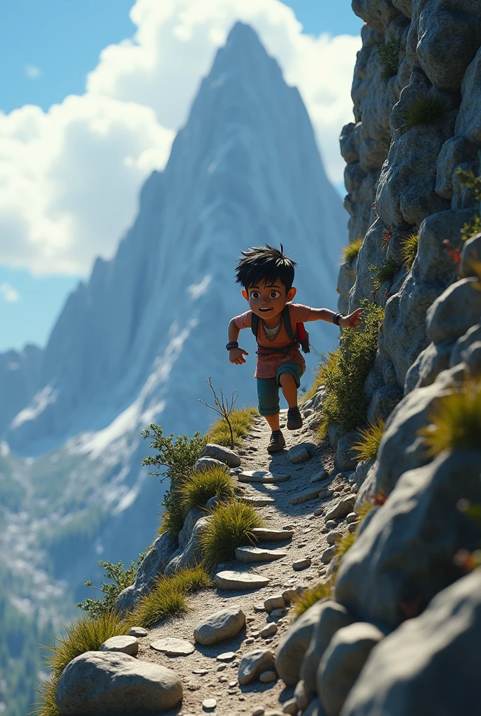 Need 3D animation style, Shyamu struggling to climb a steep, rocky path on a mountain, showing the challenging journey.**