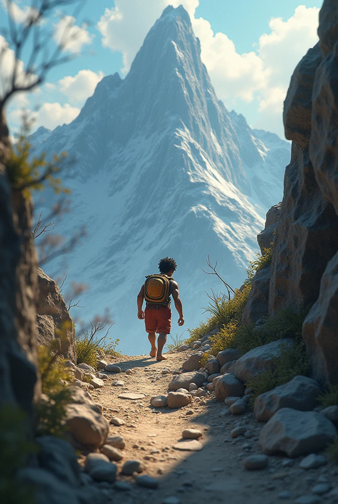 Need 3D animation style, Shyamu struggling to climb a steep, rocky path on a mountain, showing the challenging journey.**