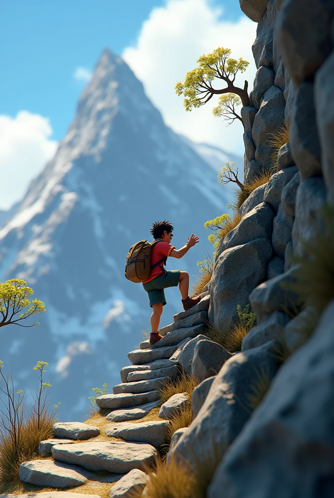 Need 3D animation style, Shyamu struggling to climb a steep, rocky path on a mountain, showing the challenging journey.**