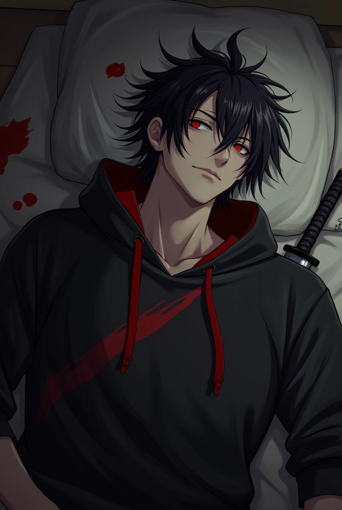 AN unconscious male character injured dying with red eyes black hair thrown to one side black sweatshirt with red details and a katana 