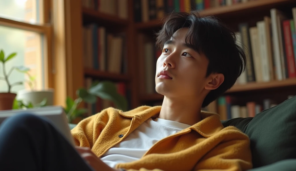 A Japanese male college student wearing fashionable clothes is relaxing on a blue chair with a calm expression, gazing into the distance,Excited, Photo of your face, In a cozy room with a bookshelf, with a natural look, With a slightly tired look, tilt your face a little, Diagonal orientation, Average face