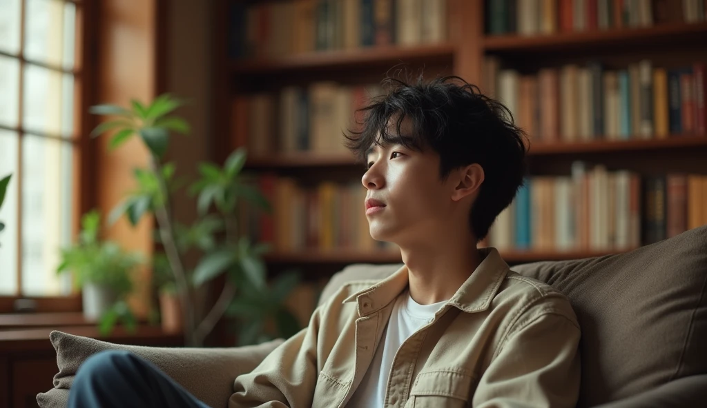 A Japanese male college student wearing fashionable clothes is relaxing on a blue chair with a calm expression, gazing into the distance,Excited, Photo of your face, In a cozy room with a bookshelf, with a natural look, With a slightly tired look, tilt your face a little, Diagonal orientation, Average face